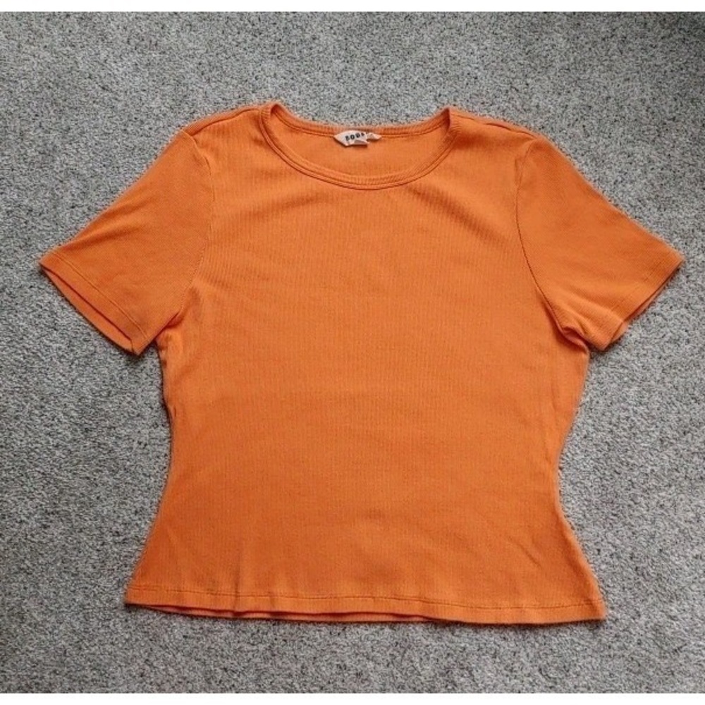 Boden Ribbed Basic T-Shirt Orange Short Sleeve Crew Neck Women's Top XL Crop